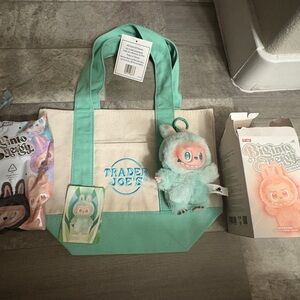 Trader Joe's Mint Green Tote Bag and Labubu The Monster Big into Energy Serenity